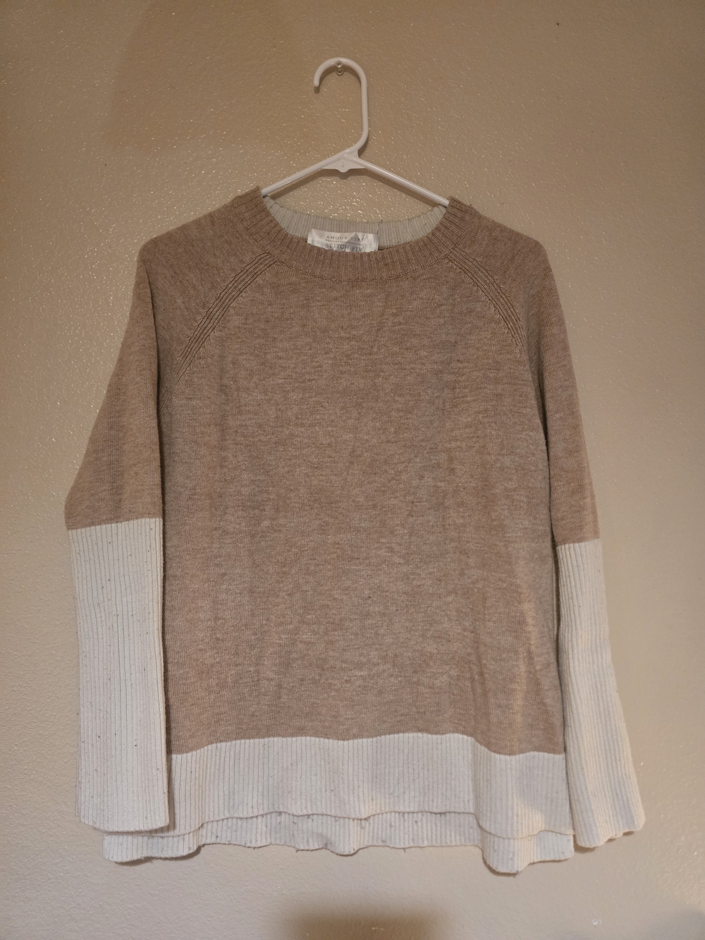 Stitch Fix Amour Vert Beige Sweater with Ivory Ribbed Neckline